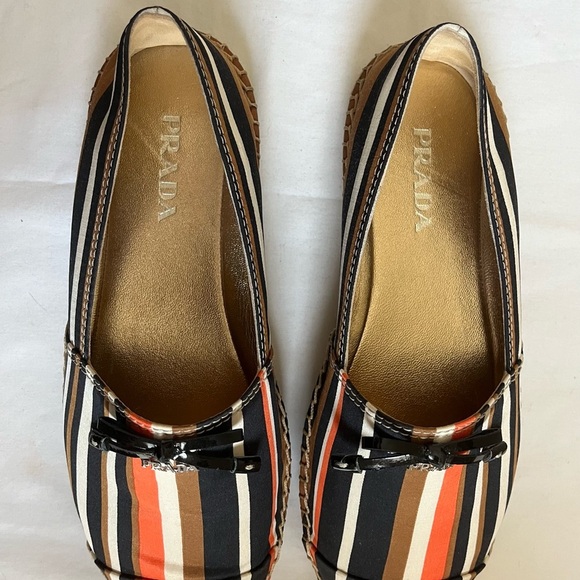 Prada Calzature Donna Tabacco/Arancio Striped Slip On Logo Espadrille Sz 38 NIB - Picture 6 of 16